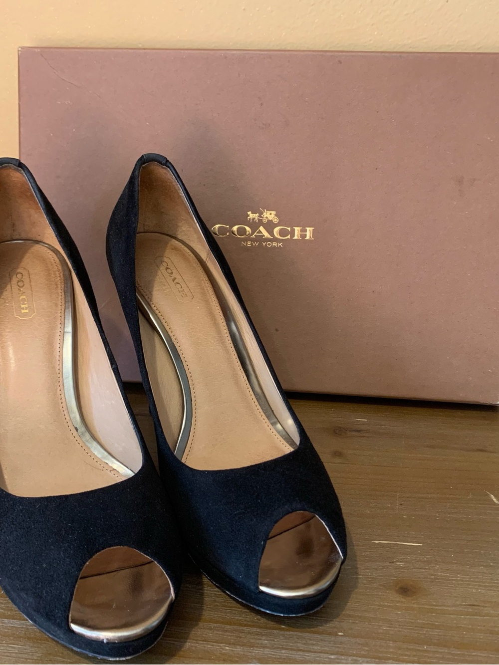 Coach Black Suede Peep-Toe Heels with Metallic Gold Toe